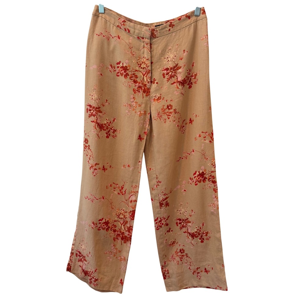 JPR Baggage Pure Linen Floral Wide Leg Pants Tan Red Pink Size 8 Quiet Luxury